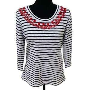 Talbots Petites Women's Black White Striped W/ Red Beaded Accent Top, MP